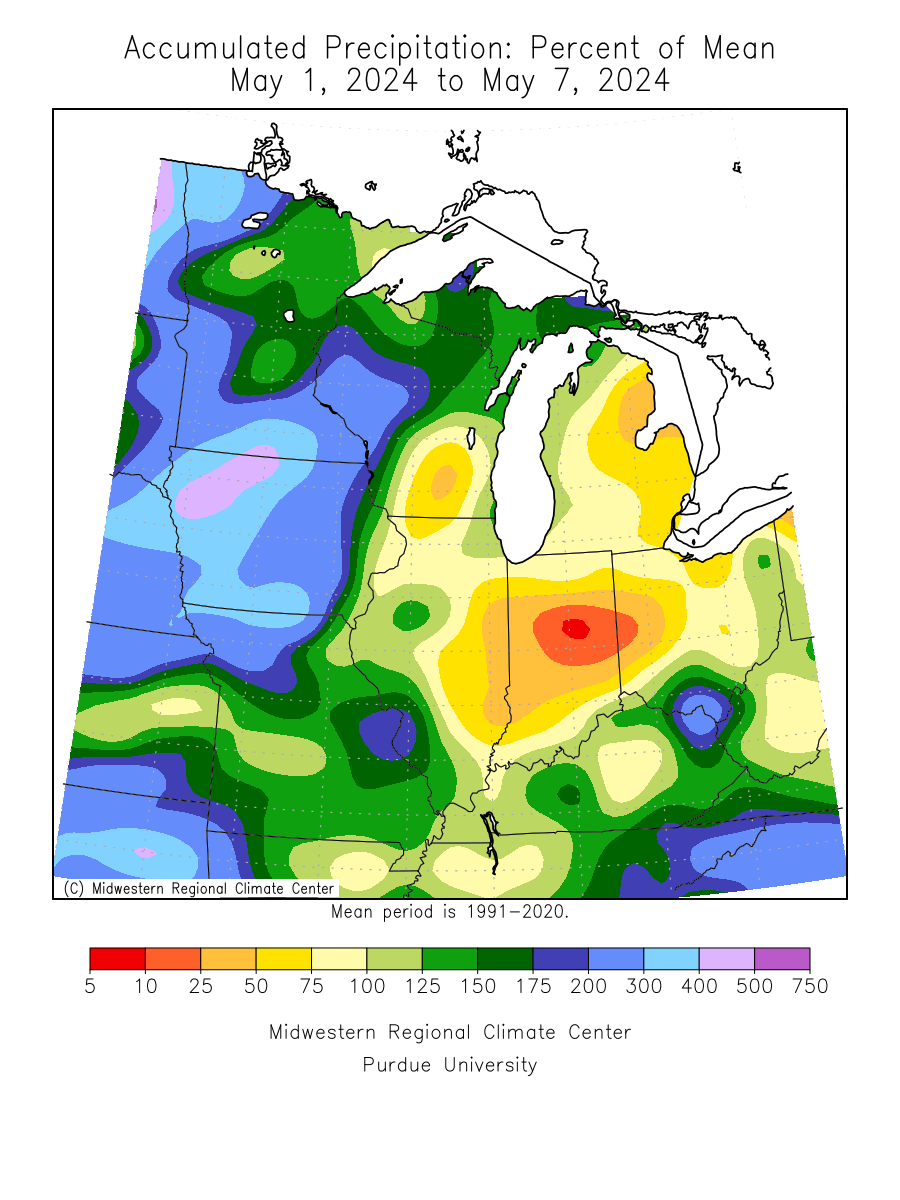Map showing midwest 7-day average precipitation departure from average