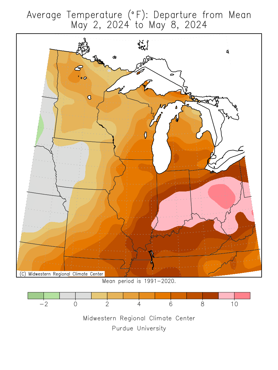 Map showing midwest 7-day average temperature departure from average