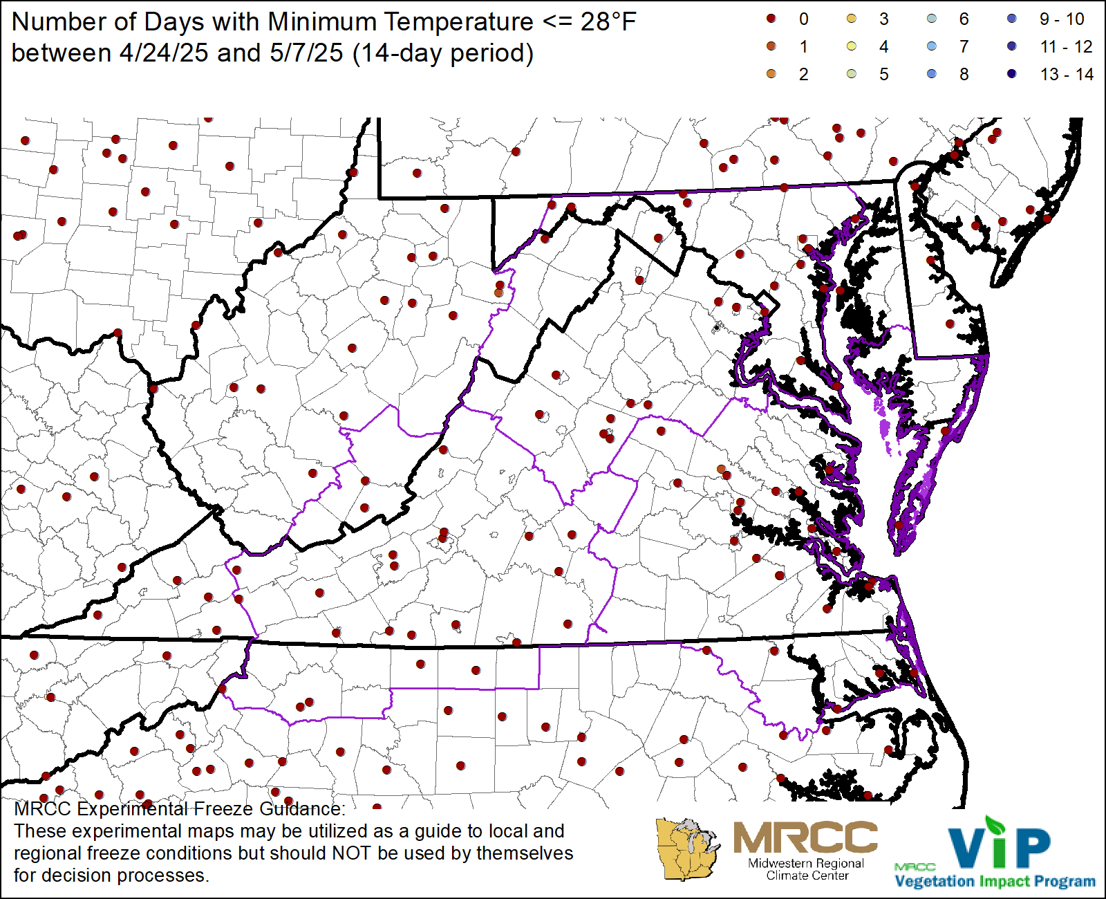 Over the Past 14 Days, Number <28°F Over the Past 14 Days, Number <28°F