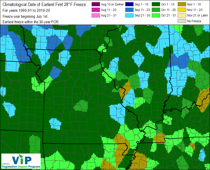 Date of Earliest First 28°F Freeze Date of Earliest First 28°F Freeze