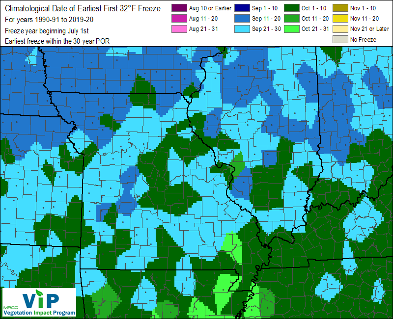 Date of Earliest First 32°F Freeze Date of Earliest First 32°F Freeze