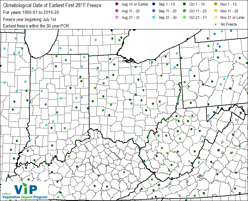 Date of Earliest First 28°F Freeze Date of Earliest First 28°F Freeze