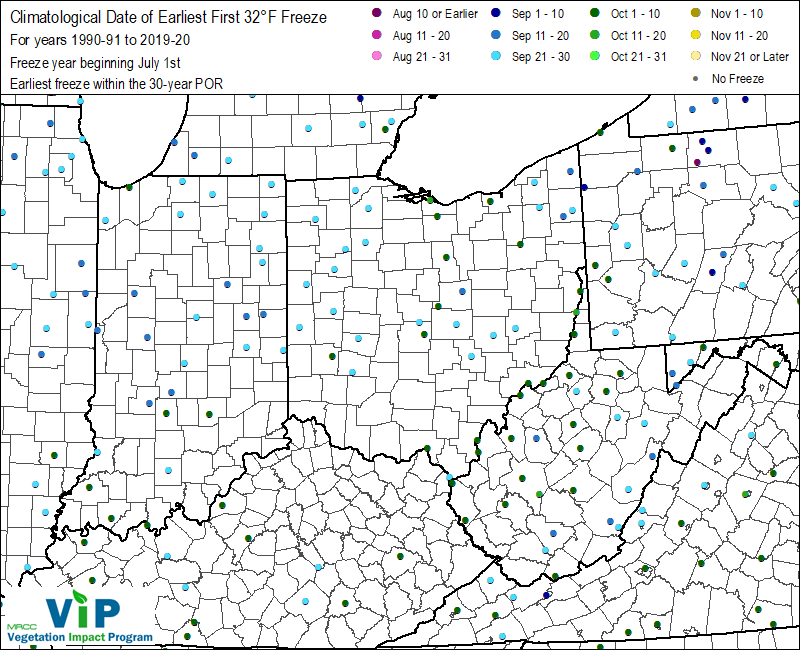 Date of Earliest First 32°F Freeze Date of Earliest First 32°F Freeze