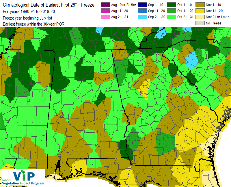 Date of Earliest First 28°F Freeze Date of Earliest First 28°F Freeze