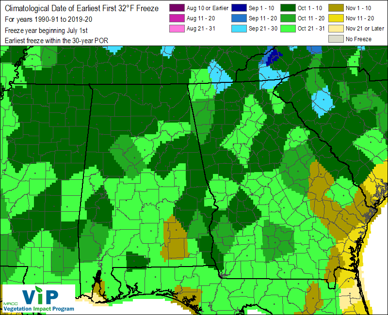 Date of Earliest First 32°F Freeze Date of Earliest First 32°F Freeze