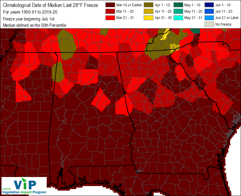 Date of Median Last 28°F Freeze Date of Median Last 28°F Freeze