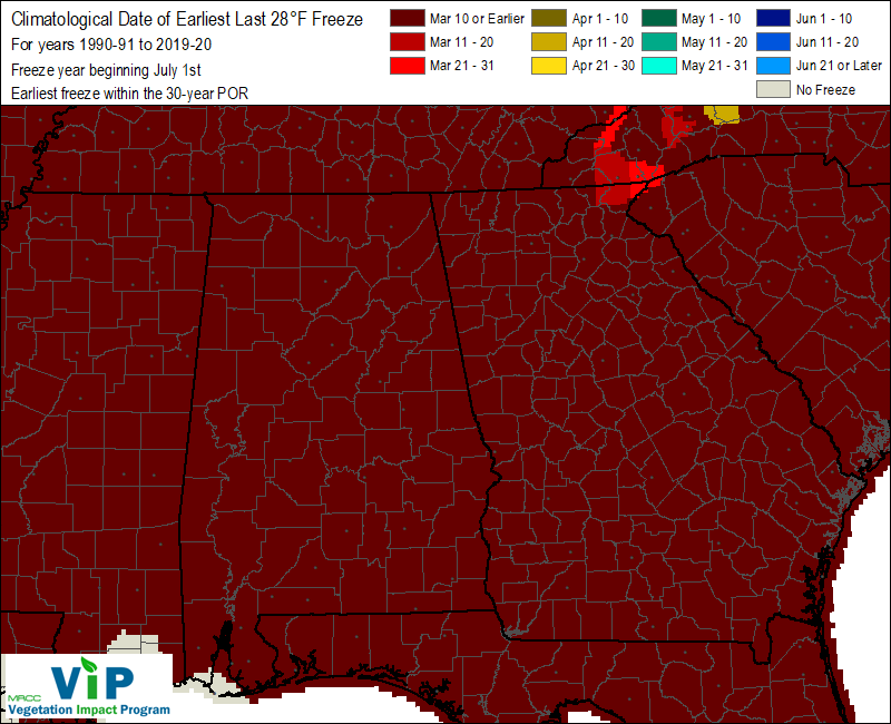 Date of Earliest Last 28°F Freeze Date of Earliest Last 28°F Freeze