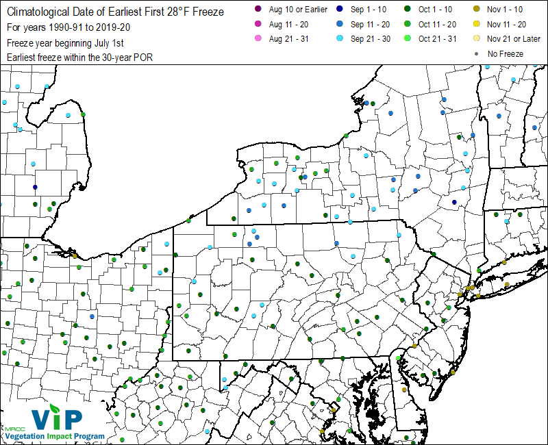 Date of Earliest First 28°F Freeze Date of Earliest First 28°F Freeze