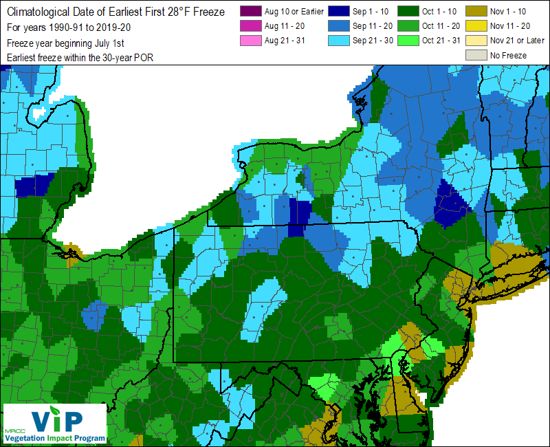 Date of Earliest First 28°F Freeze Date of Earliest First 28°F Freeze