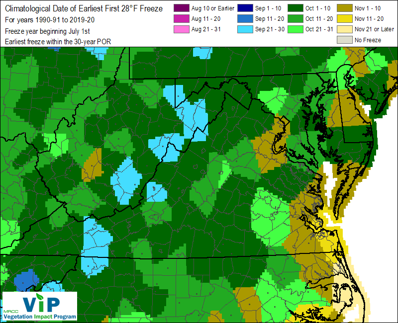 Date of Earliest First 28°F Freeze Date of Earliest First 28°F Freeze