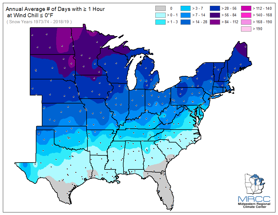 Average Number of Days Wind Chill was less than or equal to 0 degrees