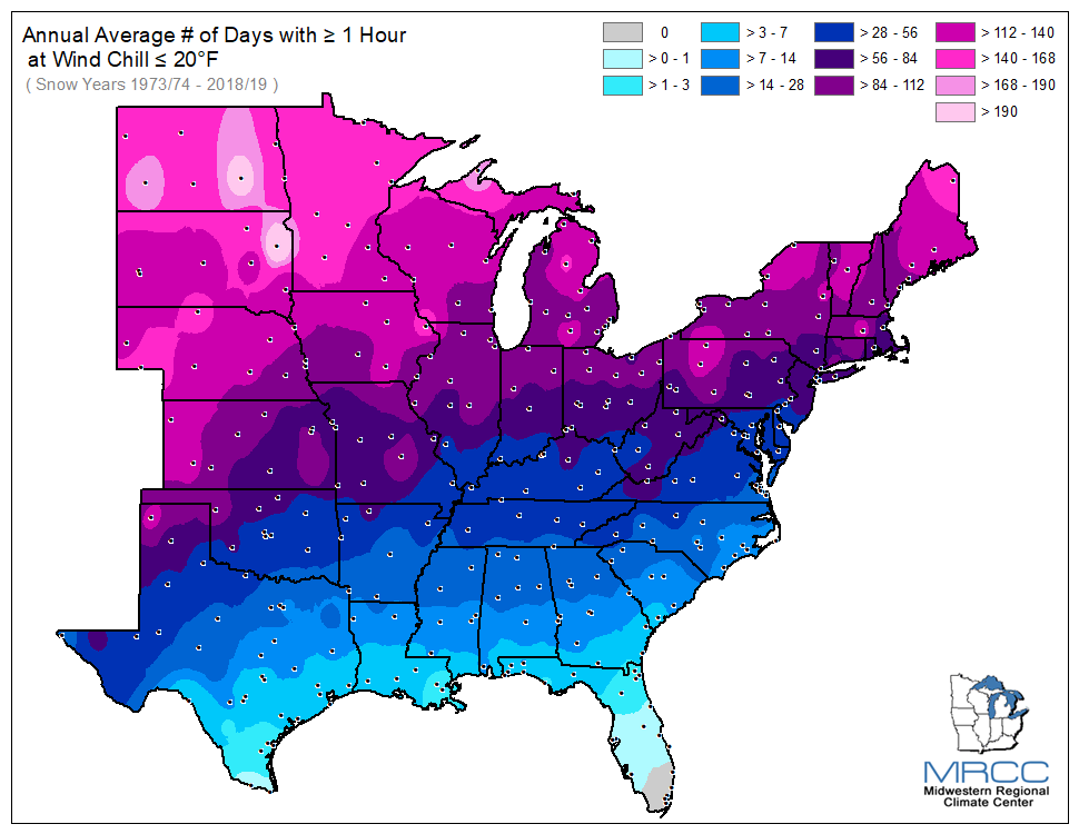 Average Number of Days Wind Chill was less than or equal to 20 degrees