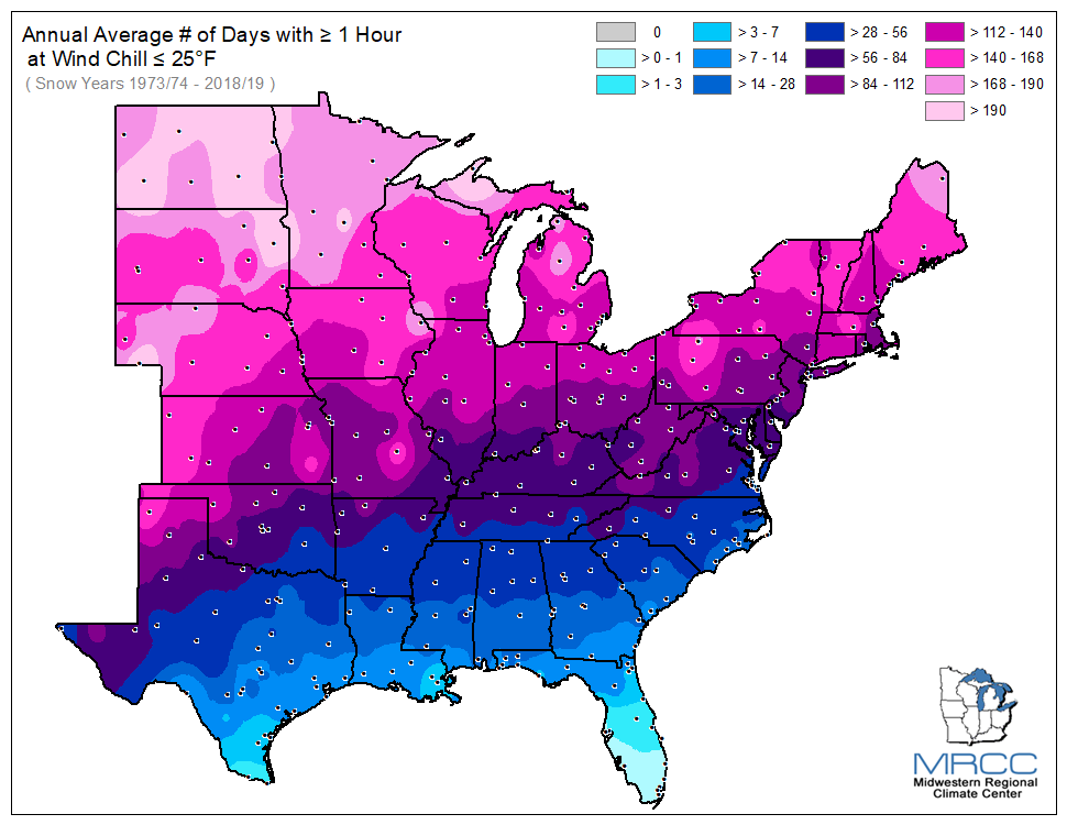 Average Number of Days Wind Chill was less than or equal to 25 degrees