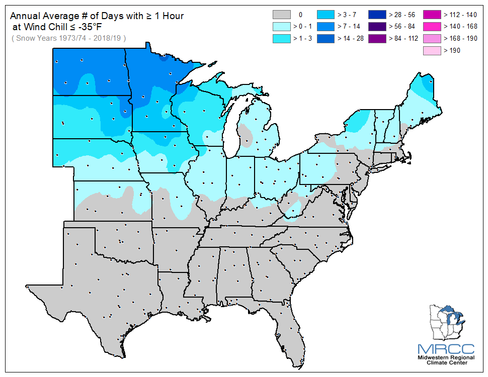 Average Number of Days Wind Chill was less than or equal to -35 degrees