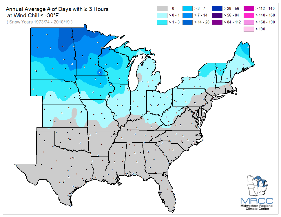 Average Number of Days Wind Chill was less than or equal to -30 degrees for 3 or more hours