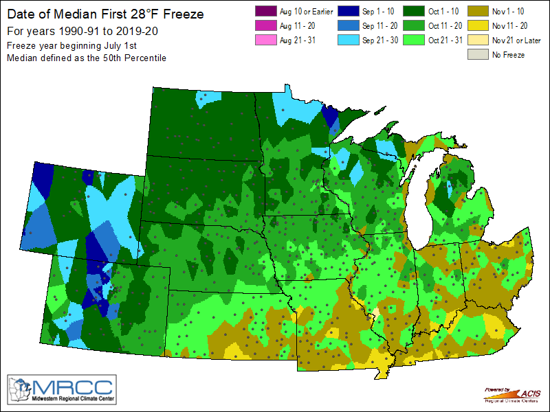 Median Freeze Map - 28 Degrees Contour
