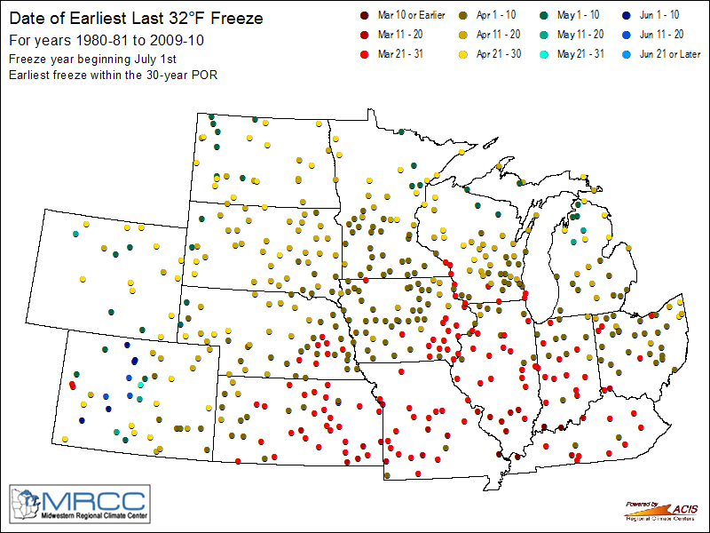 Earliest Last Freeze Map - 32 Degrees