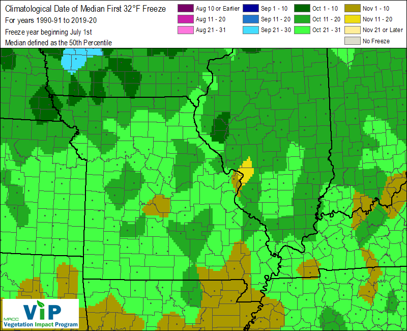 Average date of first freeze. Image courtesy MRCC