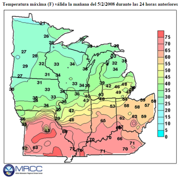 Map of Maximum Temp the morning of 2/5/2008