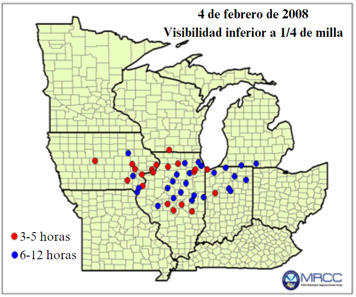 Map of visibility less than 1/4 mile on February 4, 1008