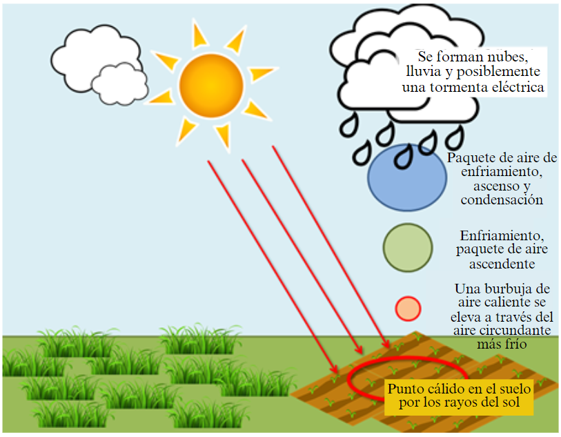 Solar heating of the ground, leading to convective rainfall