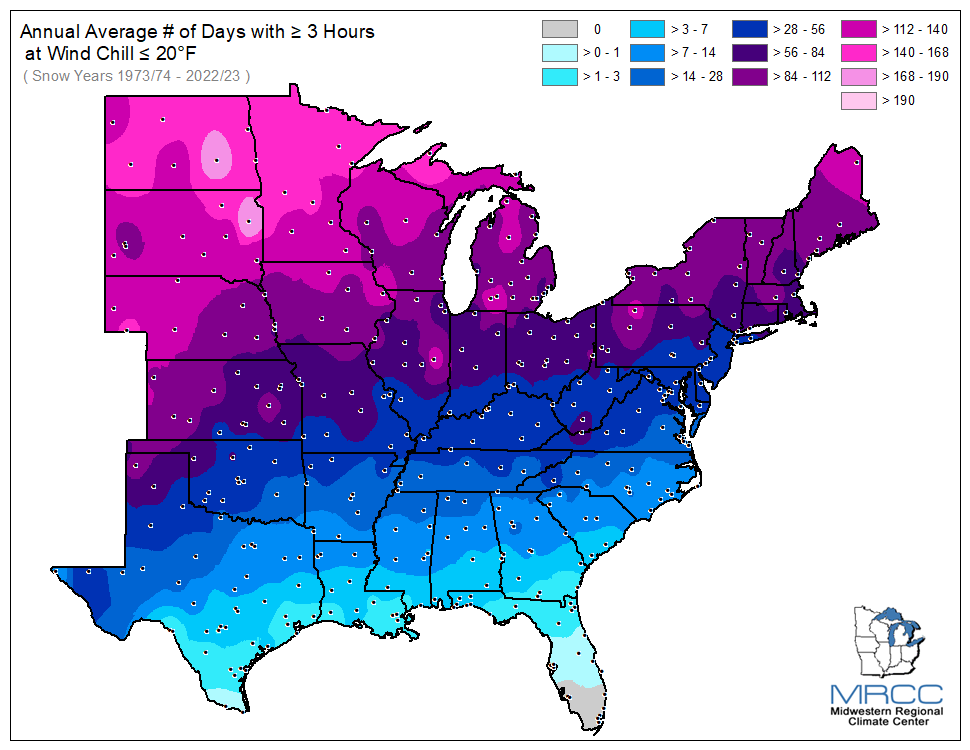 Average Number of Days Wind Chill was less than or equal to 20 degrees for 3 or more hours