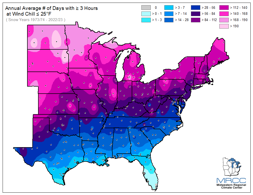 Average Number of Days Wind Chill was less than or equal to 25 degrees for 3 or more hours