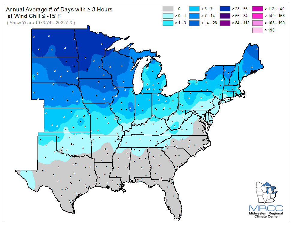 Average Number of Days Wind Chill was less than or equal to -15 degrees for 3 or more hours