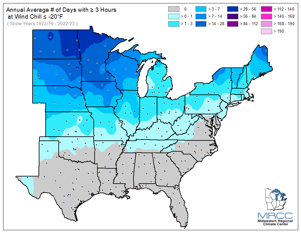 Average Number of Days Wind Chill was less than or equal to -20 degrees for 3 or more hours