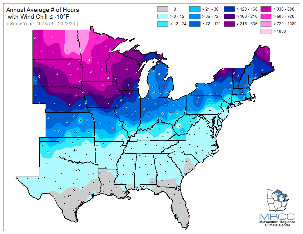 Average Number of Hours Wind Chill was less than or equal to -10 degrees
