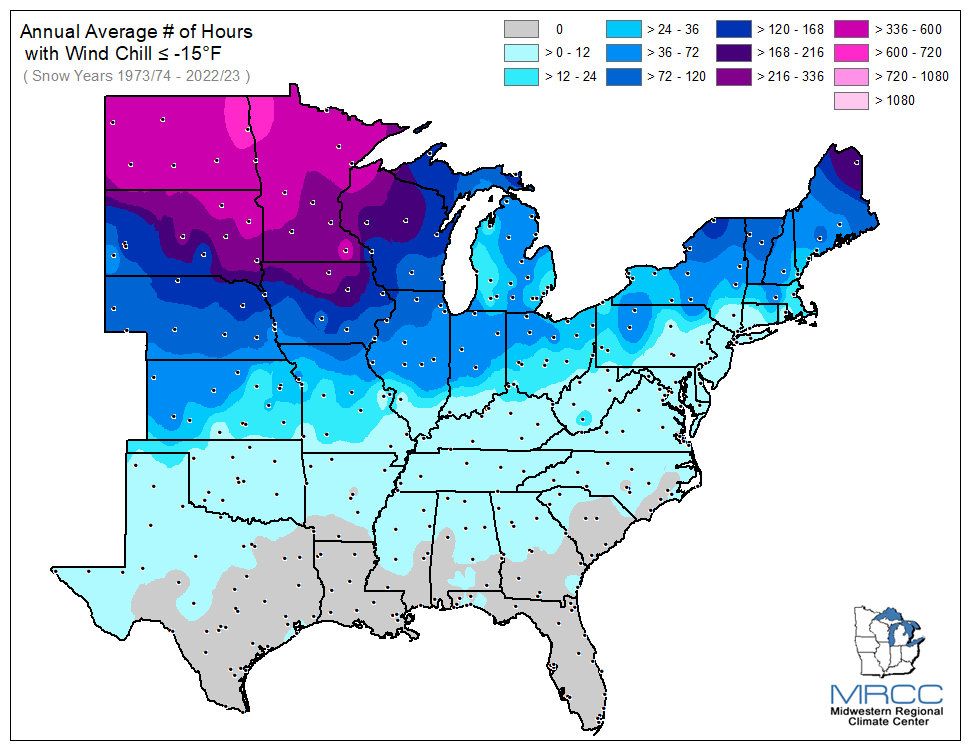 Average Number of Hours Wind Chill was less than or equal to -15 degrees