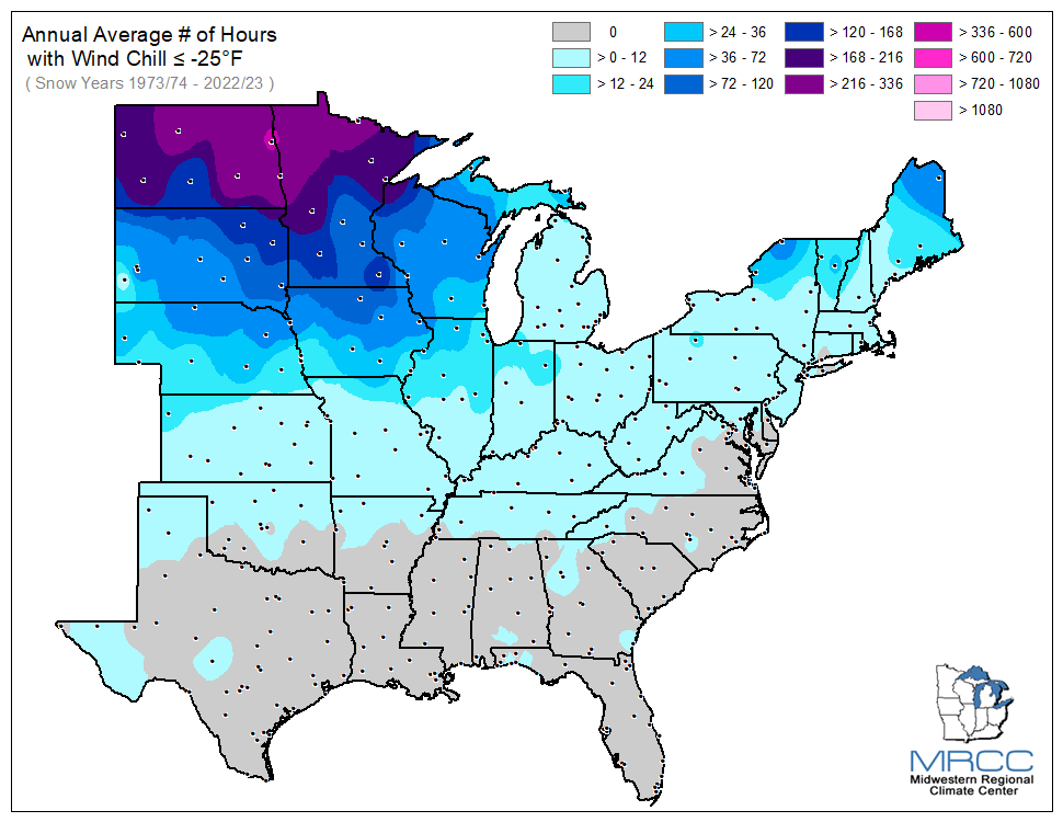 Average Number of Hours Wind Chill was less than or equal to -25 degrees