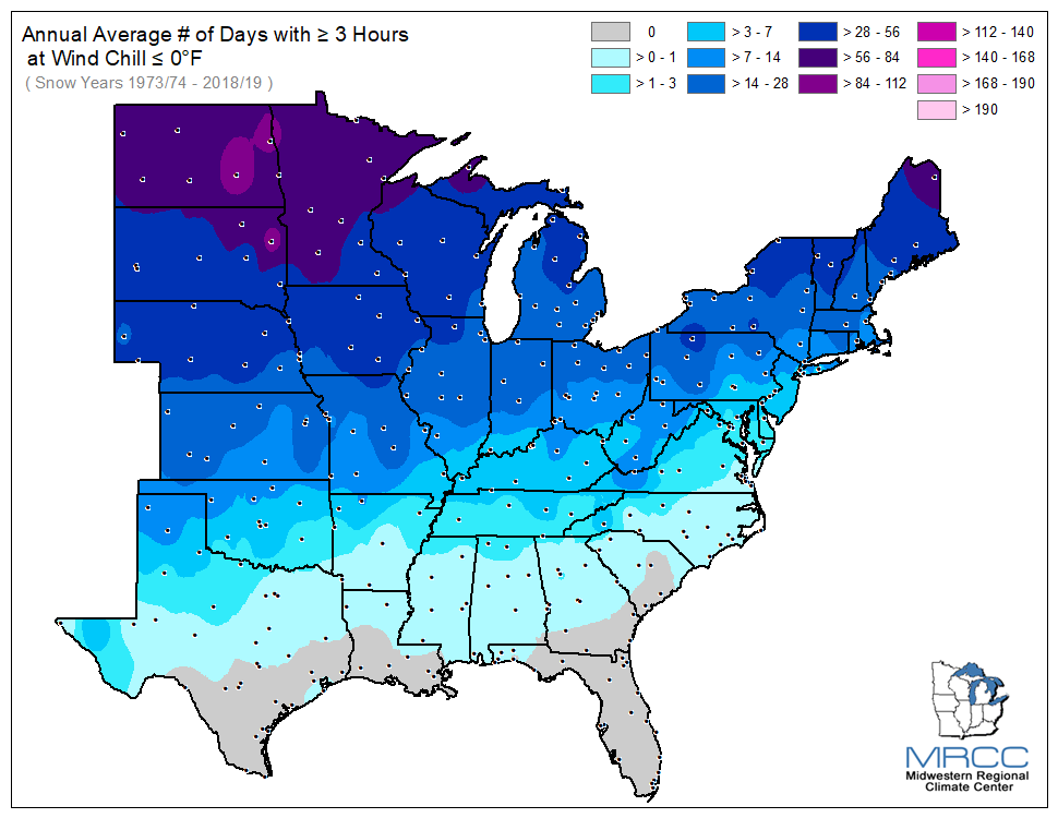 Average Number of Days Wind Chill was less than or equal to 0 degrees for 3 or more hours