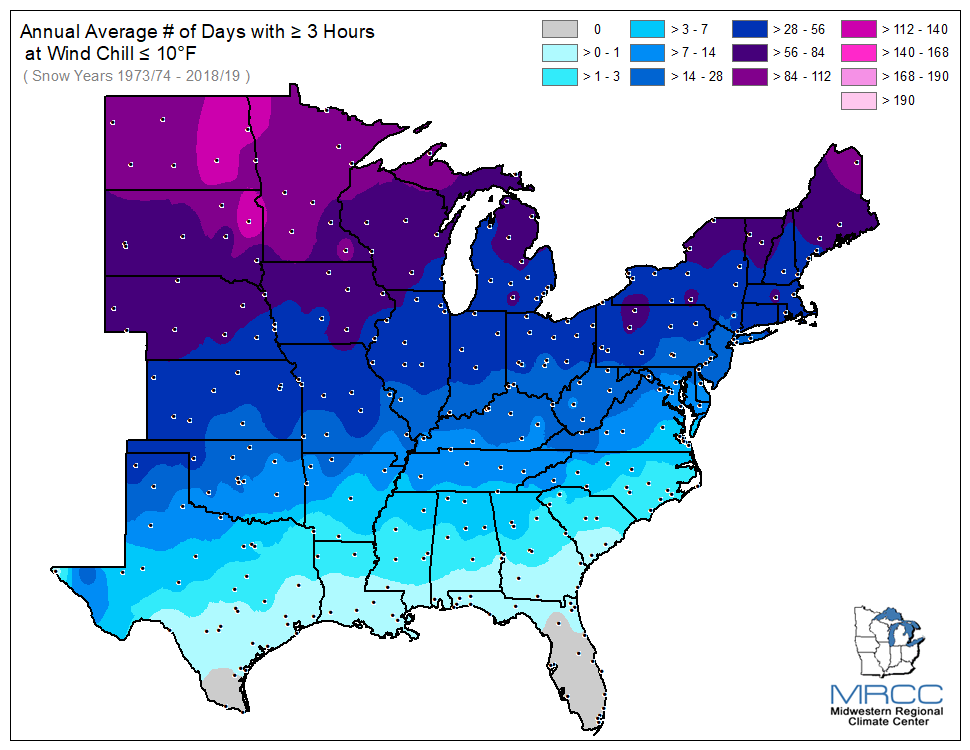 Average Number of Days Wind Chill was less than or equal to 10 degrees for 3 or more hours