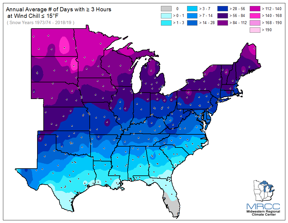 Average Number of Days Wind Chill was less than or equal to 15 degrees for 3 or more hours