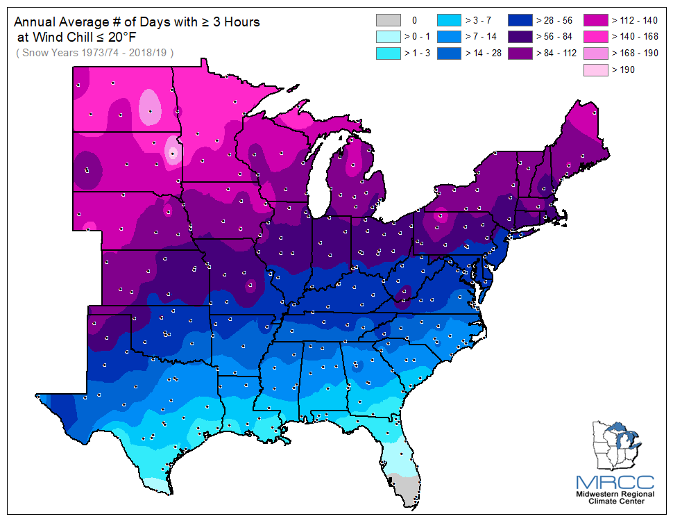 Average Number of Days Wind Chill was less than or equal to 20 degrees for 3 or more hours