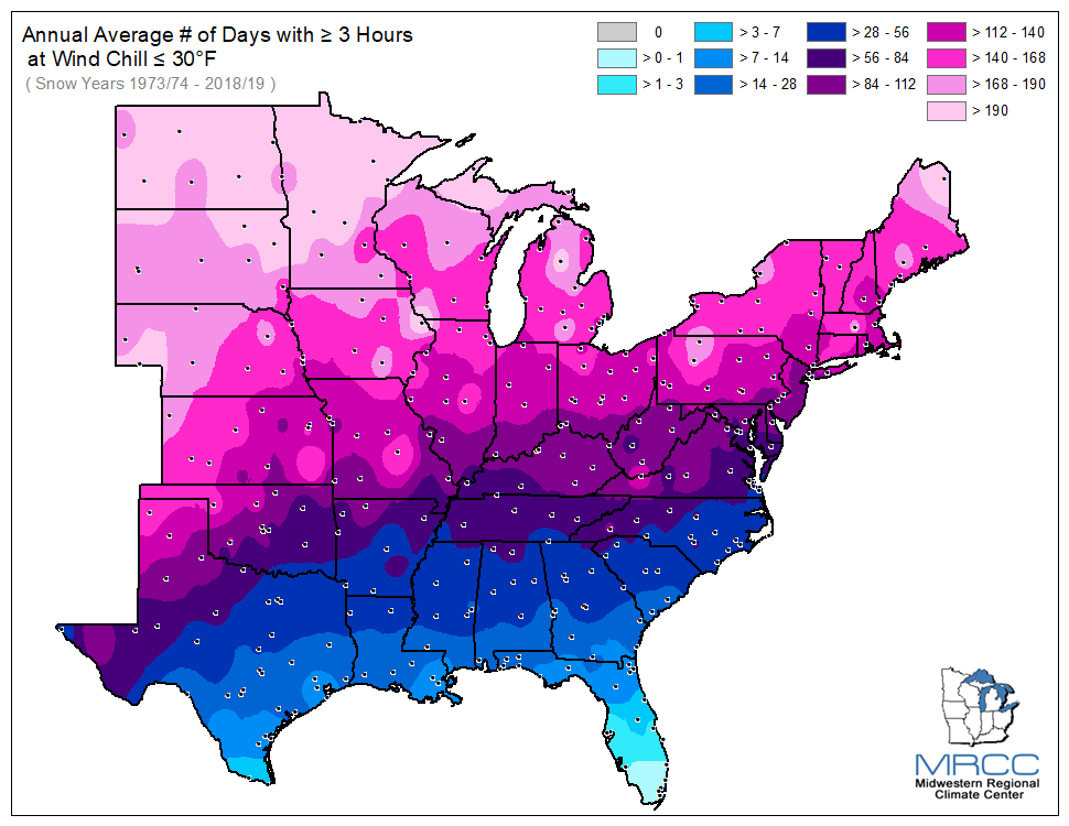 Average Number of Days Wind Chill was less than or equal to 30 degrees for 3 or more hours