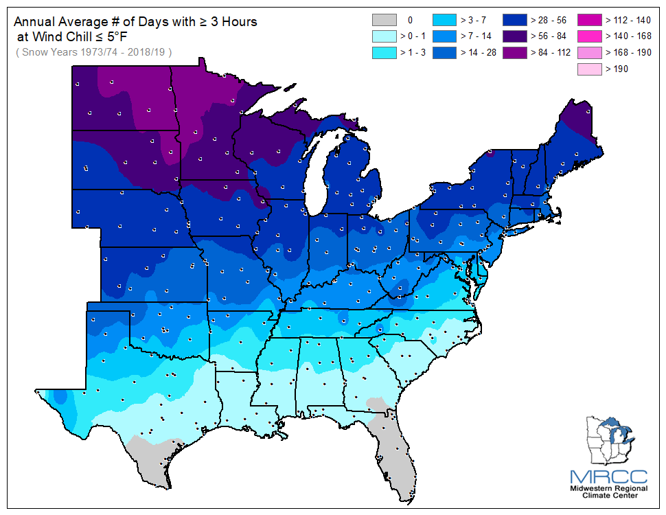 Average Number of Days Wind Chill was less than or equal to 5 degrees for 3 or more hours