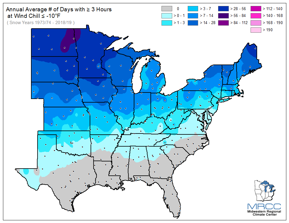 Average Number of Days Wind Chill was less than or equal to -10 degrees for 3 or more hours