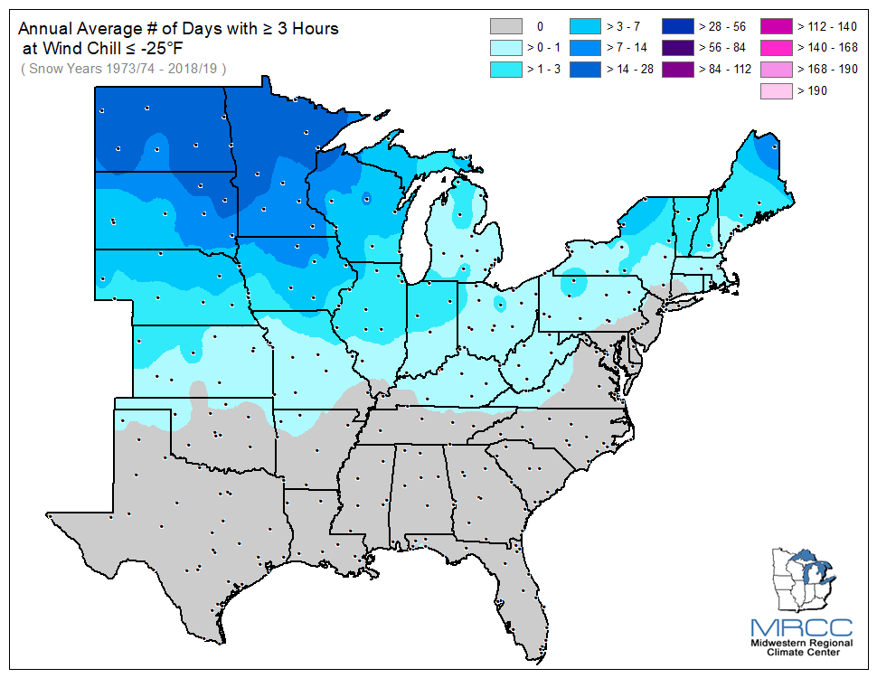 Average Number of Days Wind Chill was less than or equal to -25 degrees for 3 or more hours