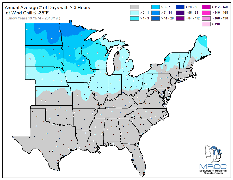 Average Number of Days Wind Chill was less than or equal to -35 degrees for 3 or more hours