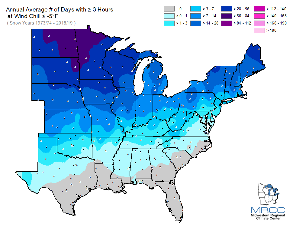 Average Number of Days Wind Chill was less than or equal to -5 degrees for 3 or more hours
