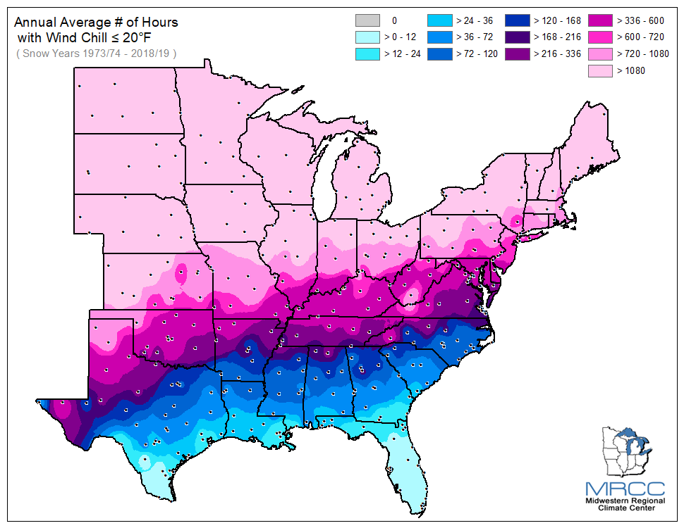 Average Number of Hours Wind Chill was less than or equal to 20 degrees