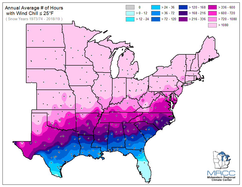 Average Number of Hours Wind Chill was less than or equal to 25 degrees