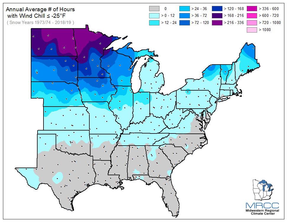 Average Number of Hours Wind Chill was less than or equal to -25 degrees