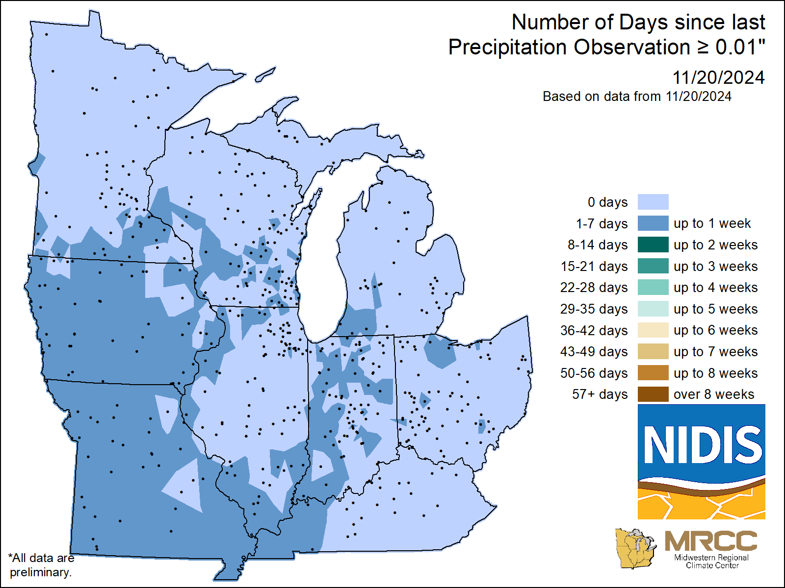 map Number of Days without precipitation greater or equal to 0.01 
     inch