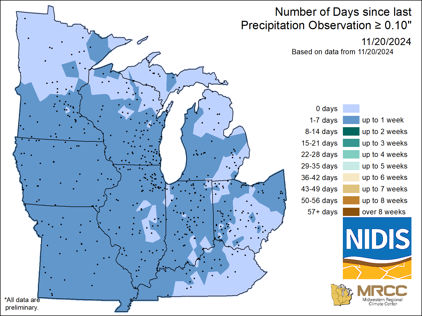 map Number of Days without precipitation greater or equal to 0.10 
     inch