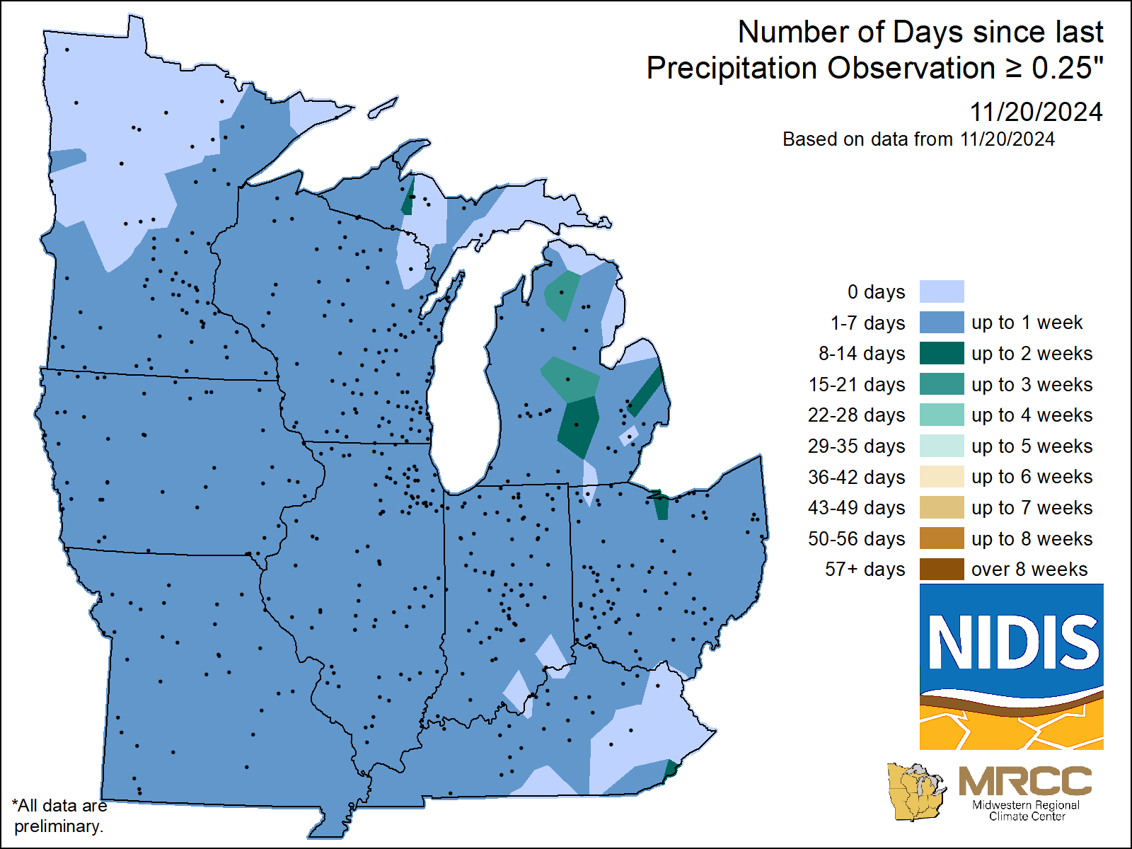 map Number of Days without precipitation greater or equal to 0.25 
     inch