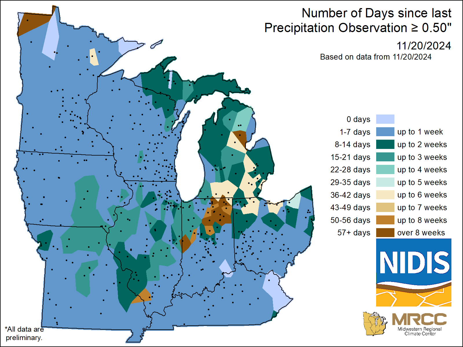 map Number of Days without precipitation greater or equal to 0.50 
     inch