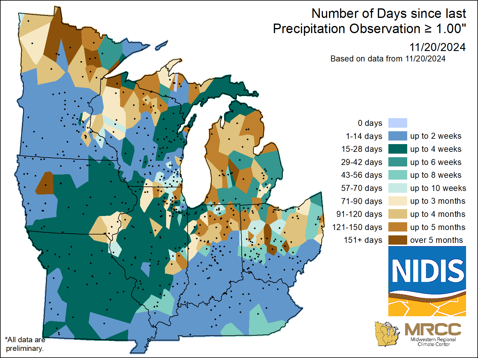 map Number of Days without precipitation greater or equal to 1.00 
     inch